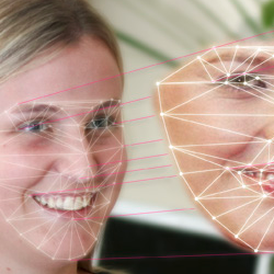 An image depicting a face with facial marking overlaid and projected into a computer representation of that face