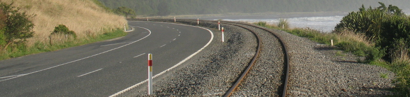 A photograph of a road and rail line Between Hapuku and Mangamaunu, South Island, New Zealand